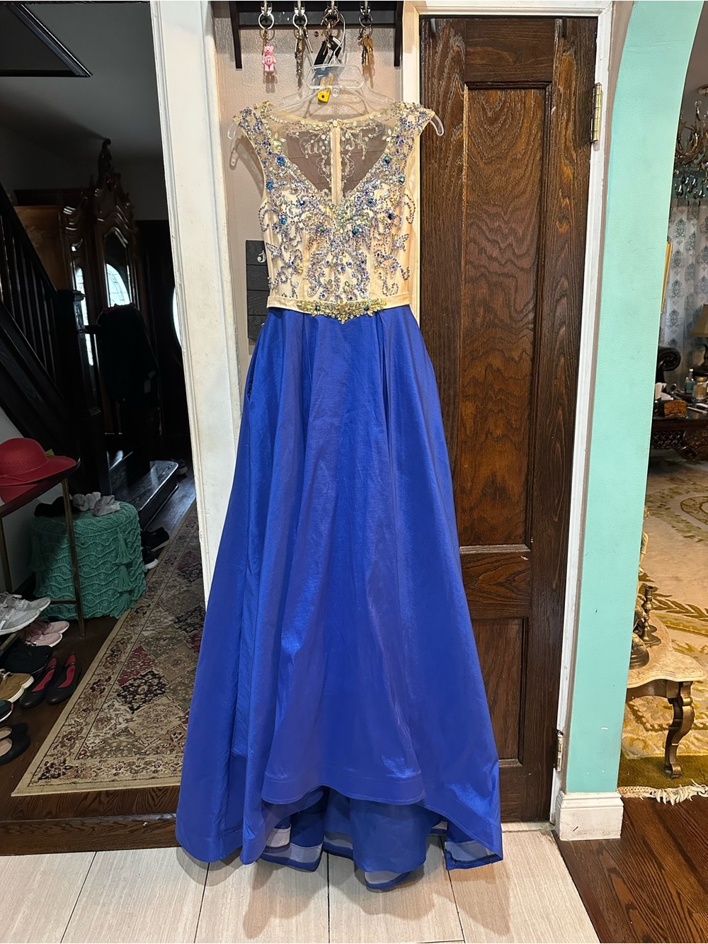 Mac Duggal Royal Blue and Gold Beaded Prom Dress